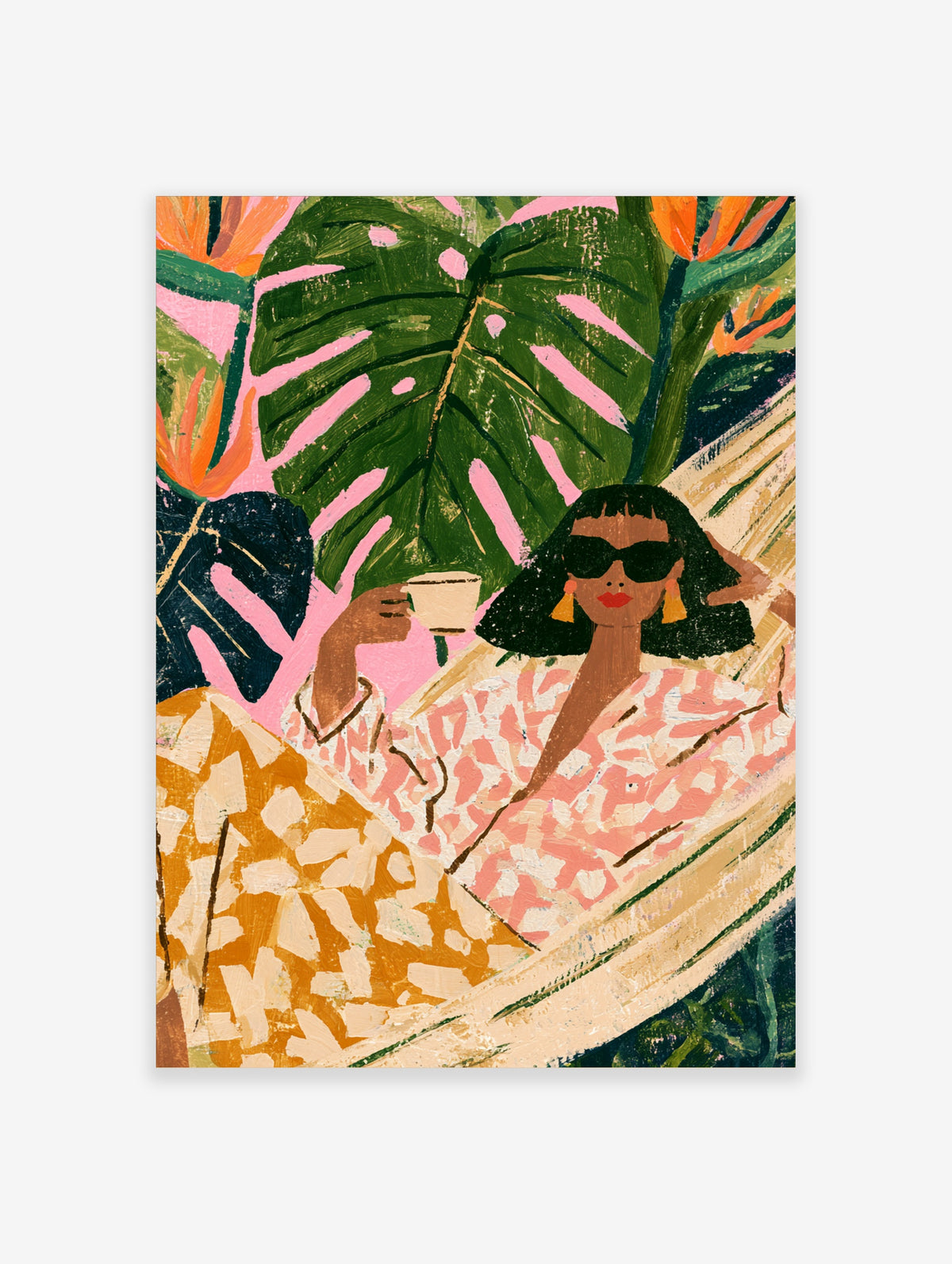 Tropical woman with sunglasses and gold earrings holding a cup against pink and green monstera leaves art print