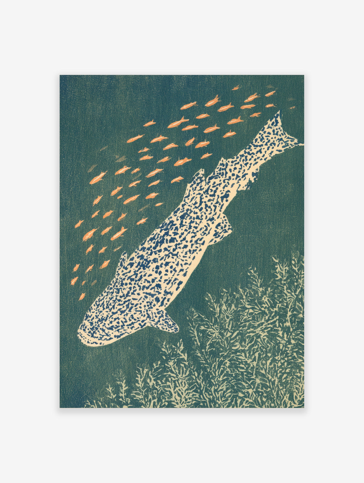 Japanese woodblock print of a speckled trout swimming with small orange fish and green seaweed on a teal background
