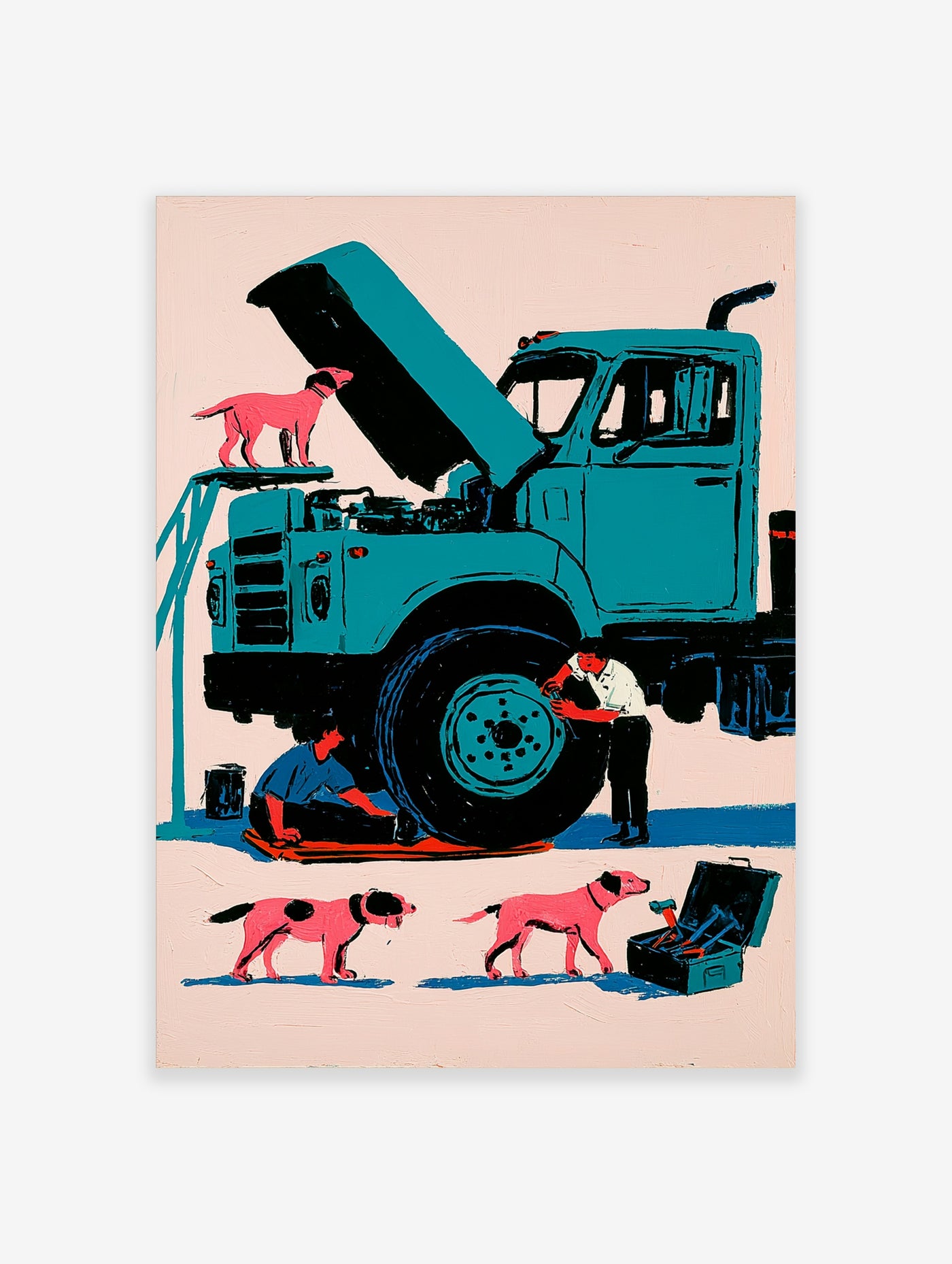 Teal truck with open bonnet, mechanic repairing wheel, pink dogs in garage, retro illustration print