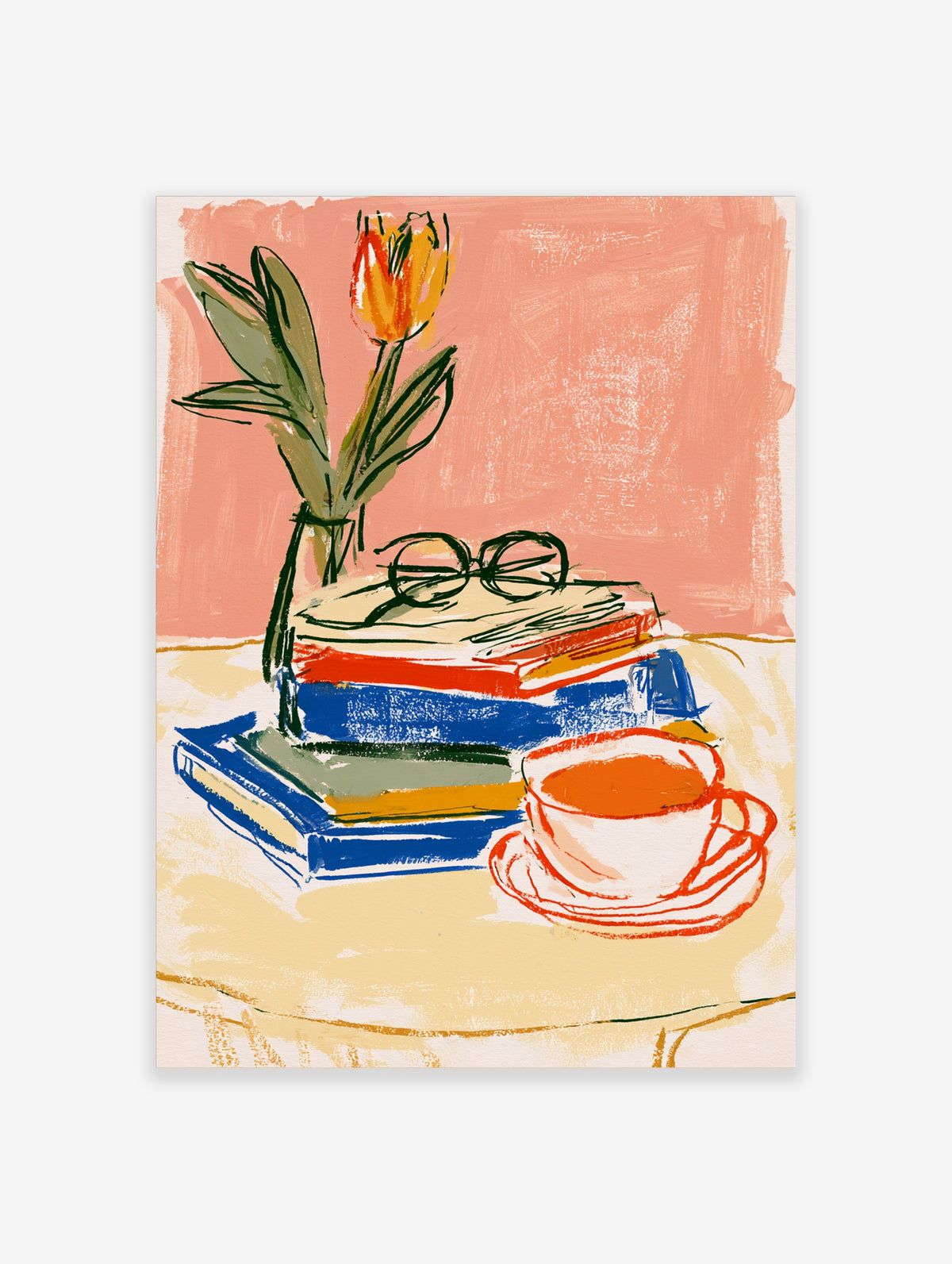 Still life poster of orange tulip, stack of books with glasses, and cup of tea on peach background