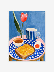 Illustrated breakfast scene with a red tulip, blue striped mug, and toast on a polka-dot plate, vibrant artistic print