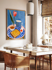 Illustrated breakfast scene with a red tulip, blue striped mug, and toast on a polka-dot plate, in a styled room mockup