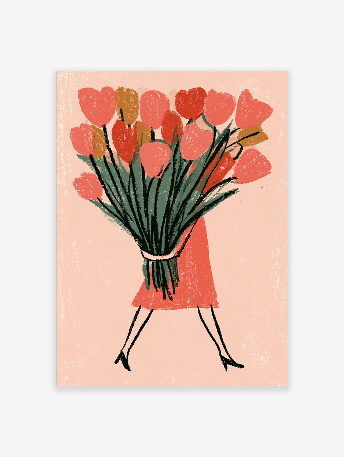 Tulip bouquet poster with figure in coral dress holding pink and red flowers on peach background