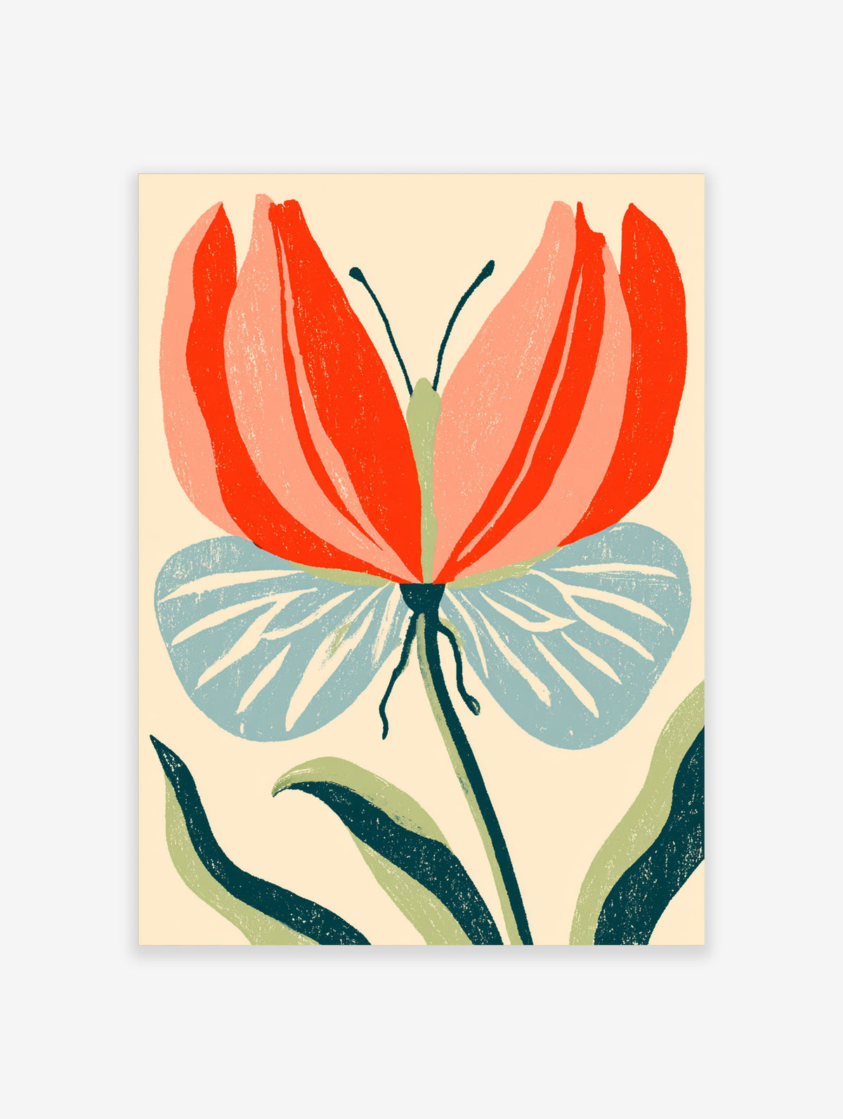 Tulip butterfly art print with red and pink upper wings, blue lower wings, and green stems on cream