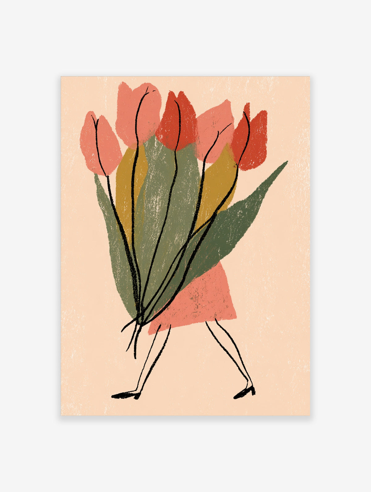 Abstract poster of a woman in a pink skirt holding oversized red and pink tulips with green leaves on a beige background
