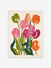 Vibrant tulip flower botanical art print with pink and orange petals and green leaves on a light background