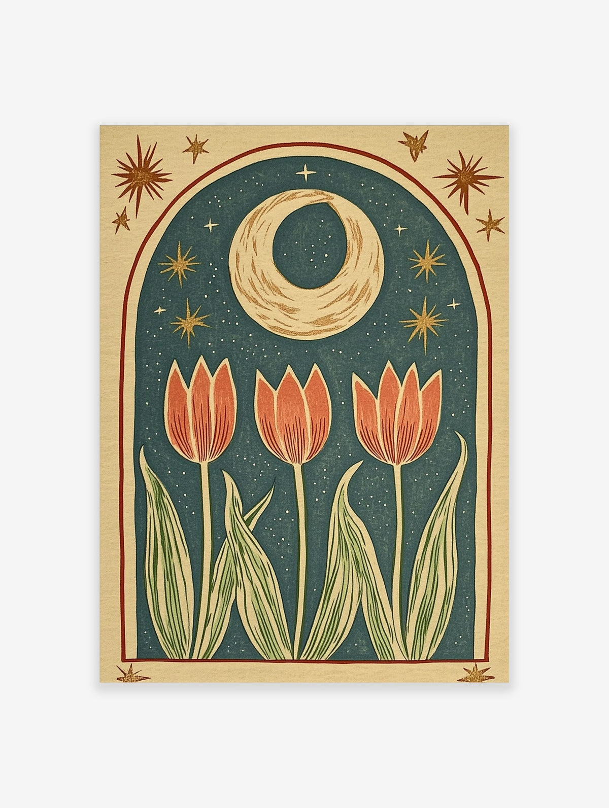 Illustrative print of three pink tulip flowers with green leaves under a golden crescent moon and stars in an arched frame