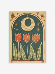 Illustrative print of three pink tulip flowers with green leaves under a golden crescent moon and stars in an arched frame