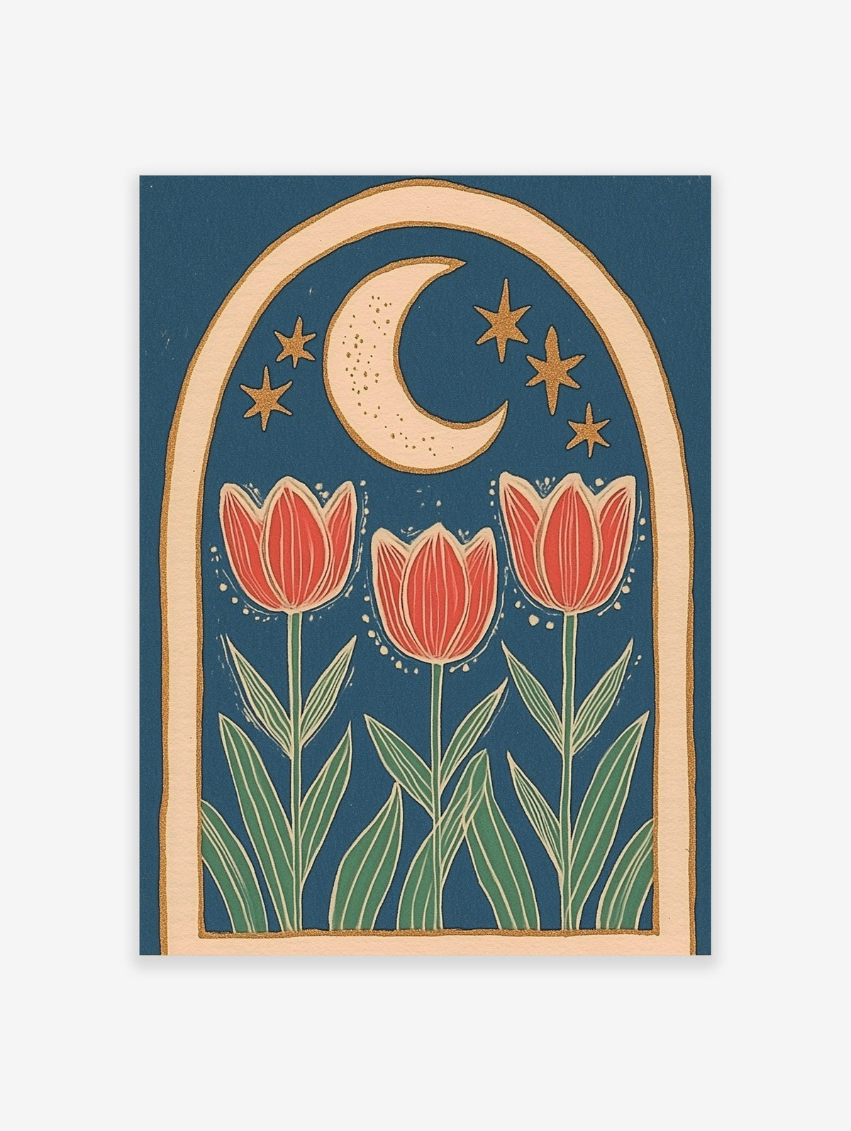 Illustrative folk art print with three red tulips, crescent moon, and golden stars within an arched frame on blue