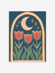 Illustrative folk art print with three red tulips, crescent moon, and golden stars within an arched frame on blue
