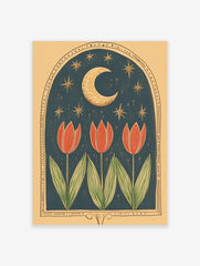 Illustrative art print with three red tulips under a golden crescent moon and stars in a dark blue arched frame