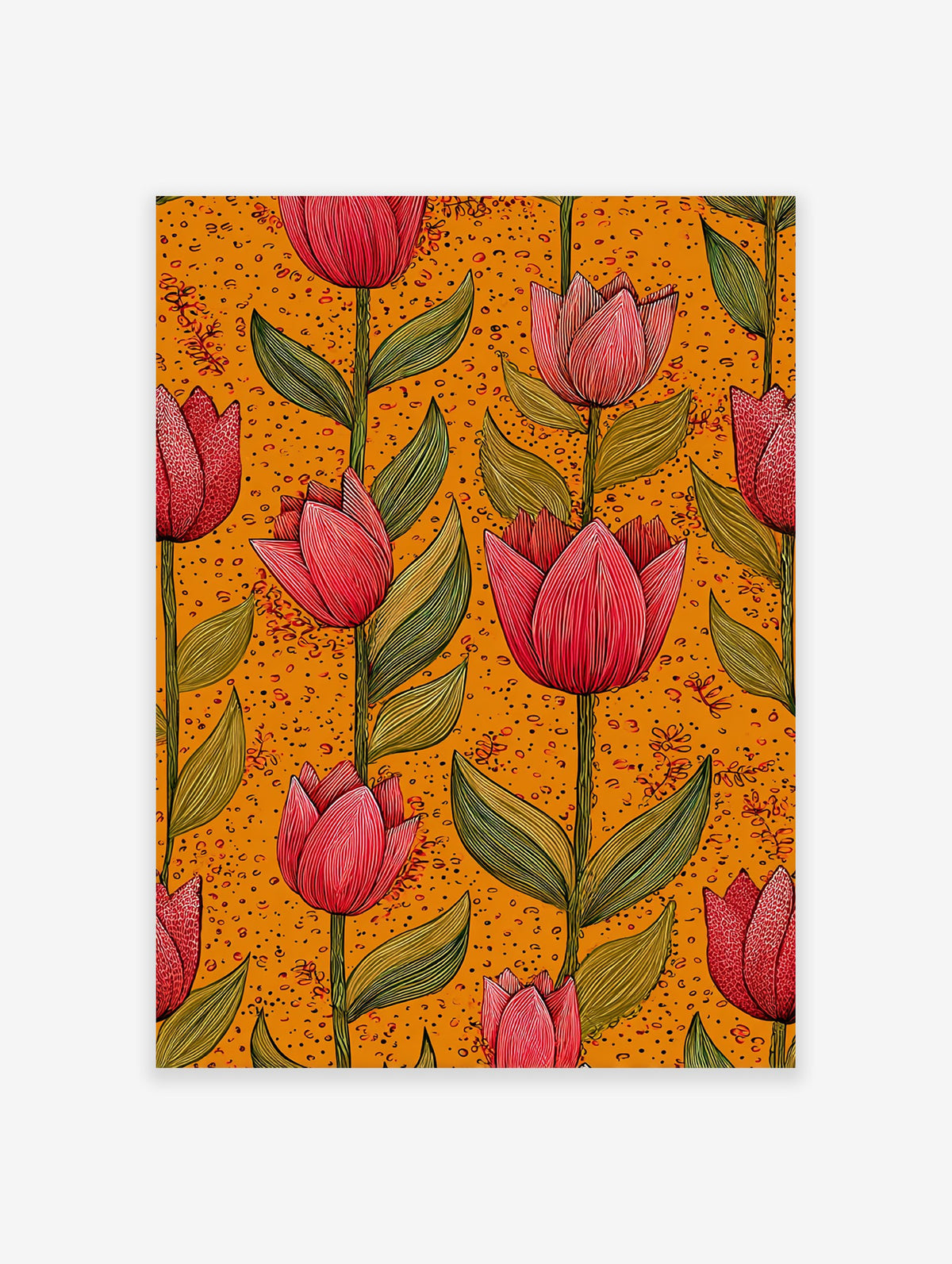 Red tulip botanical illustration art print with green leaves on a vibrant orange patterned background.