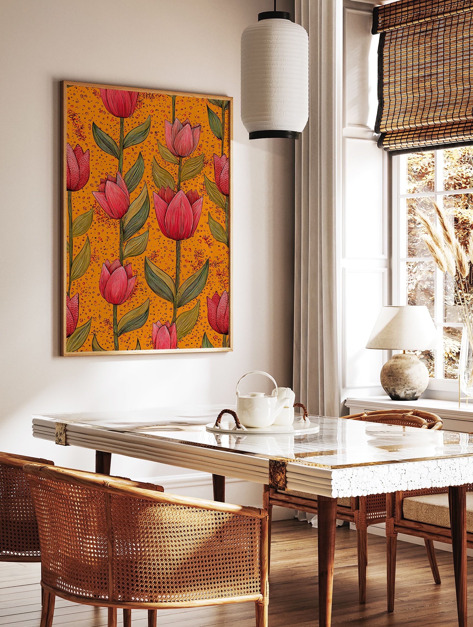 Red tulip botanical illustration art print with green leaves on a vibrant orange patterned background. - Image 2