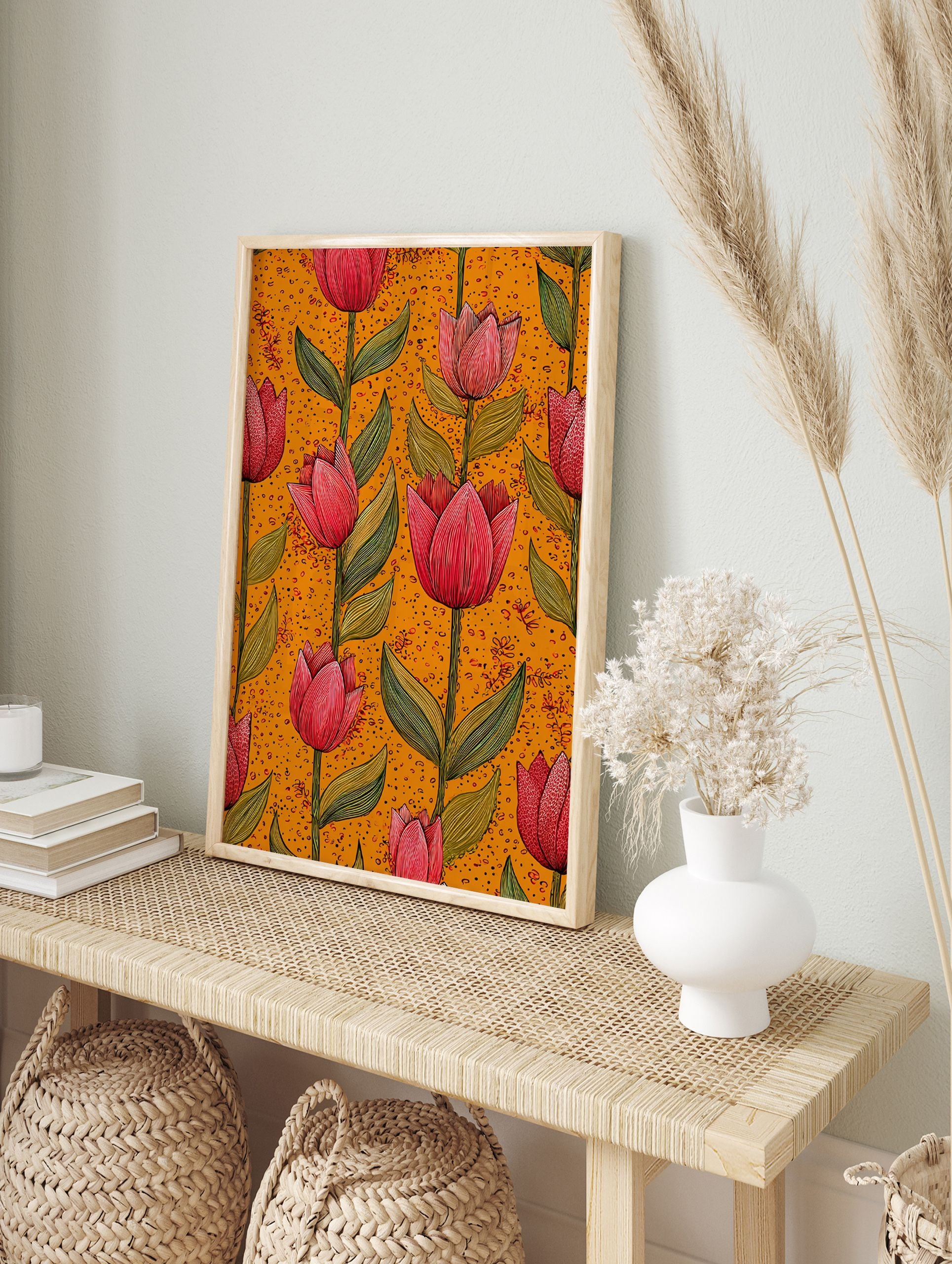 Red tulip botanical illustration art print with green leaves on a vibrant orange patterned background. - Image 3