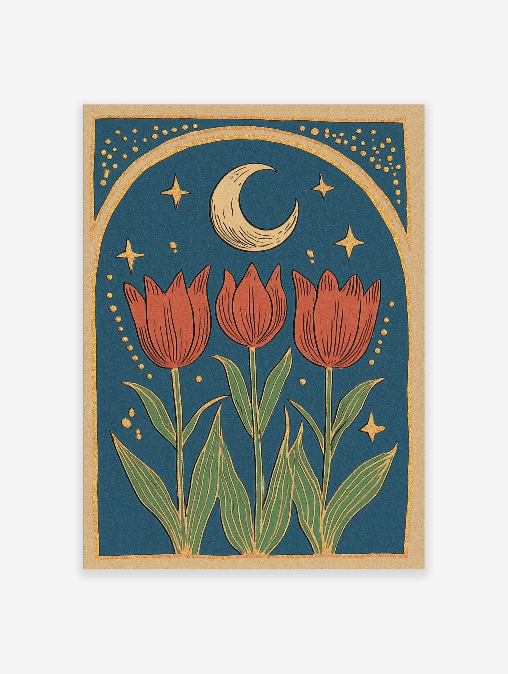 Illustrative print with three red tulips, green leaves, crescent moon, golden stars, and arched border on teal