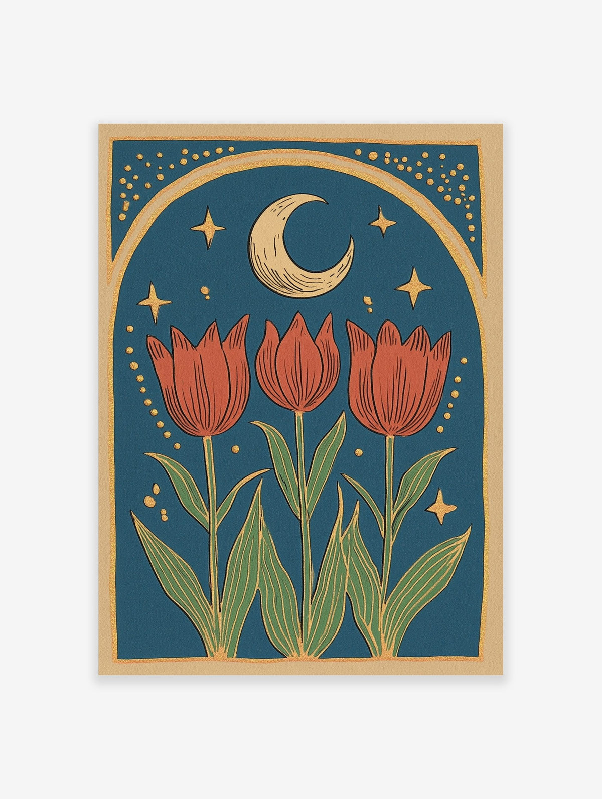 Illustrative print with three red tulips, green leaves, crescent moon, golden stars, and arched border on teal