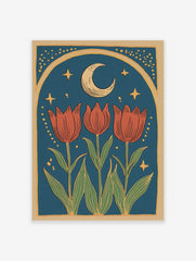 Illustrative print with three red tulips, green leaves, crescent moon, golden stars, and arched border on teal