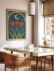 Illustrative print with three red tulips, green leaves, crescent moon, golden stars, and arched, in a styled room mockup