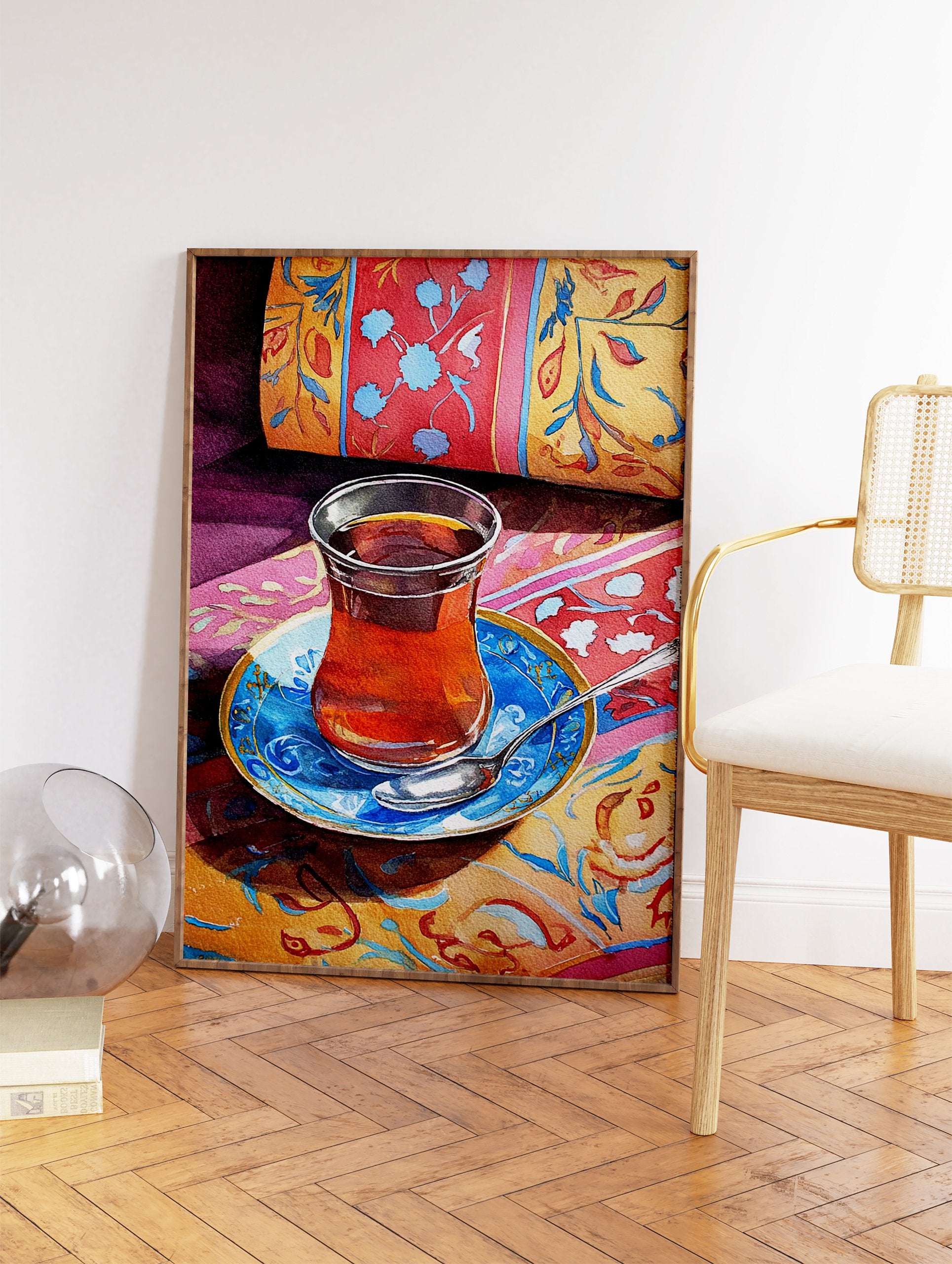 Watercolor painting of a glass of Turkish tea on a blue saucer with a spoon, surrounded by vibrant patterned textiles. - Image 2