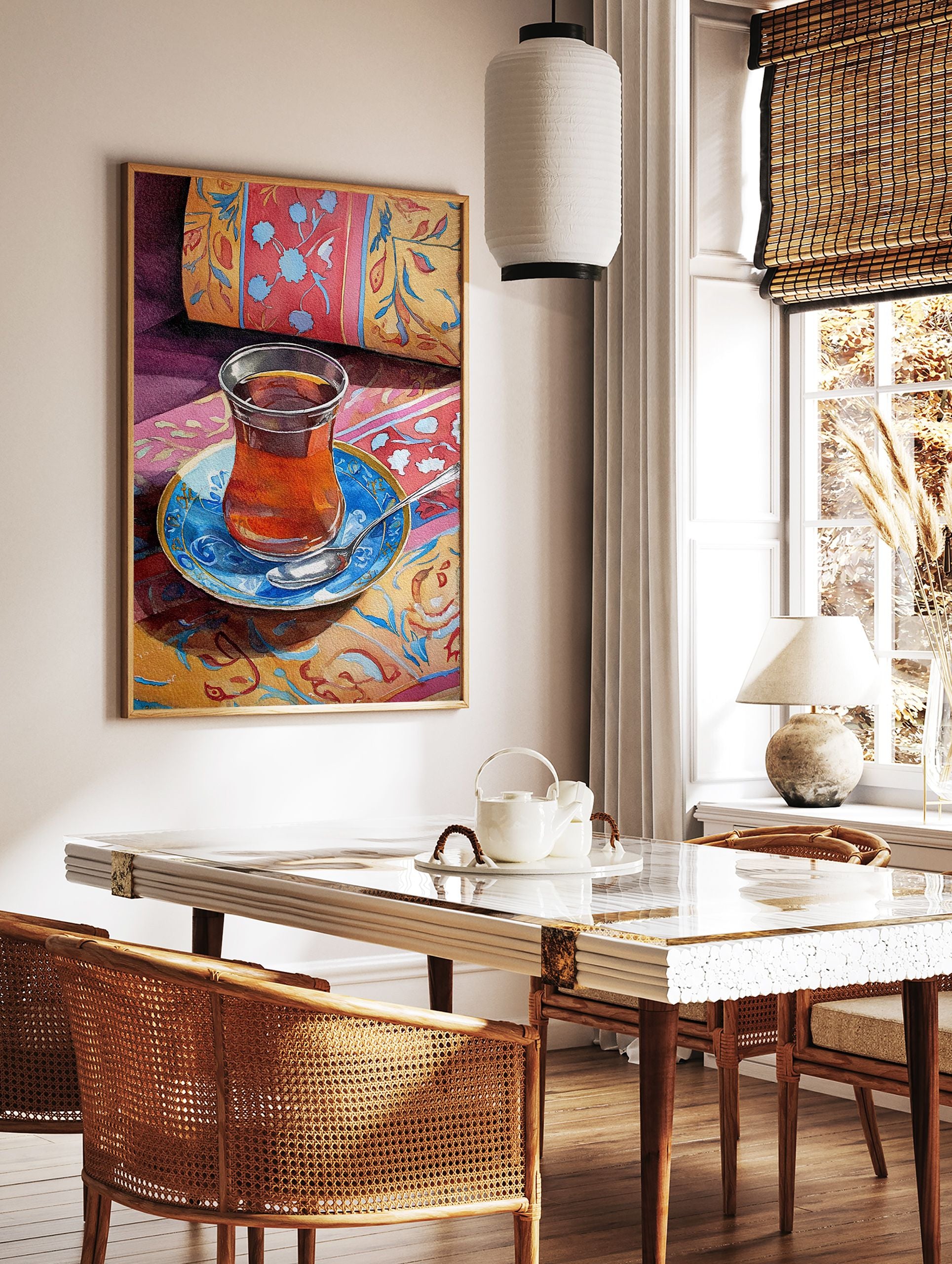 Watercolor painting of a glass of Turkish tea on a blue saucer with a spoon, surrounded by vibrant patterned textiles. - Image 3