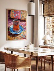 Watercolor painting of a glass of Turkish tea on a blue saucer with a spoon, surrounded by vibrant patterned textiles. - Image 3