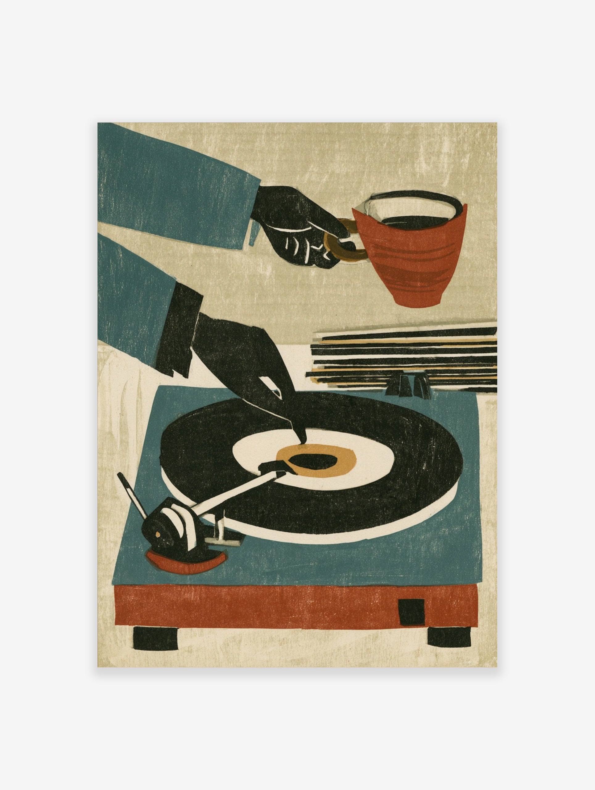 Retro illustration of a hand placing a vinyl record on a turntable, with a coffee cup, in teal, orange, and black