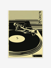 Turntable music poster with a retro Japanese DJ art print in black and khaki, showing a record player.