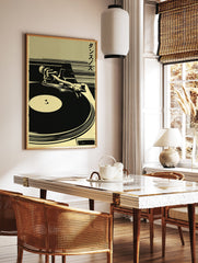 Turntable music poster with a retro Japanese DJ art print in black and khaki, showing a record player. - Image 2