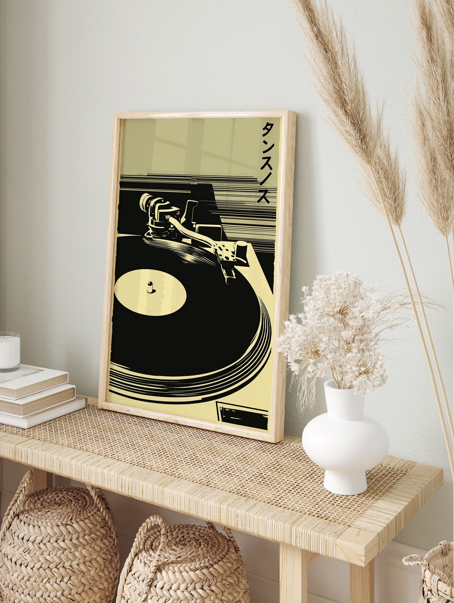 Turntable music poster with a retro Japanese DJ art print in black and khaki, showing a record player. - Image 4