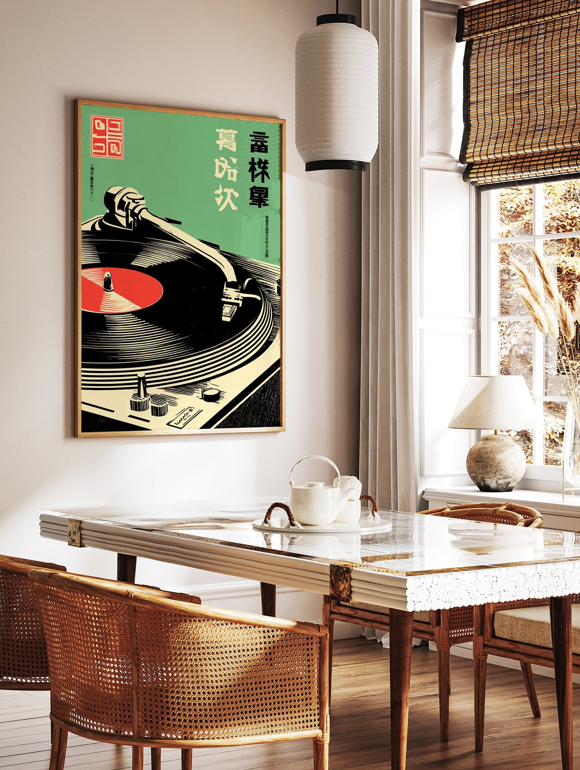 A retro Japanese illustration poster of a black turntable with a red record on a green background. - Image 2