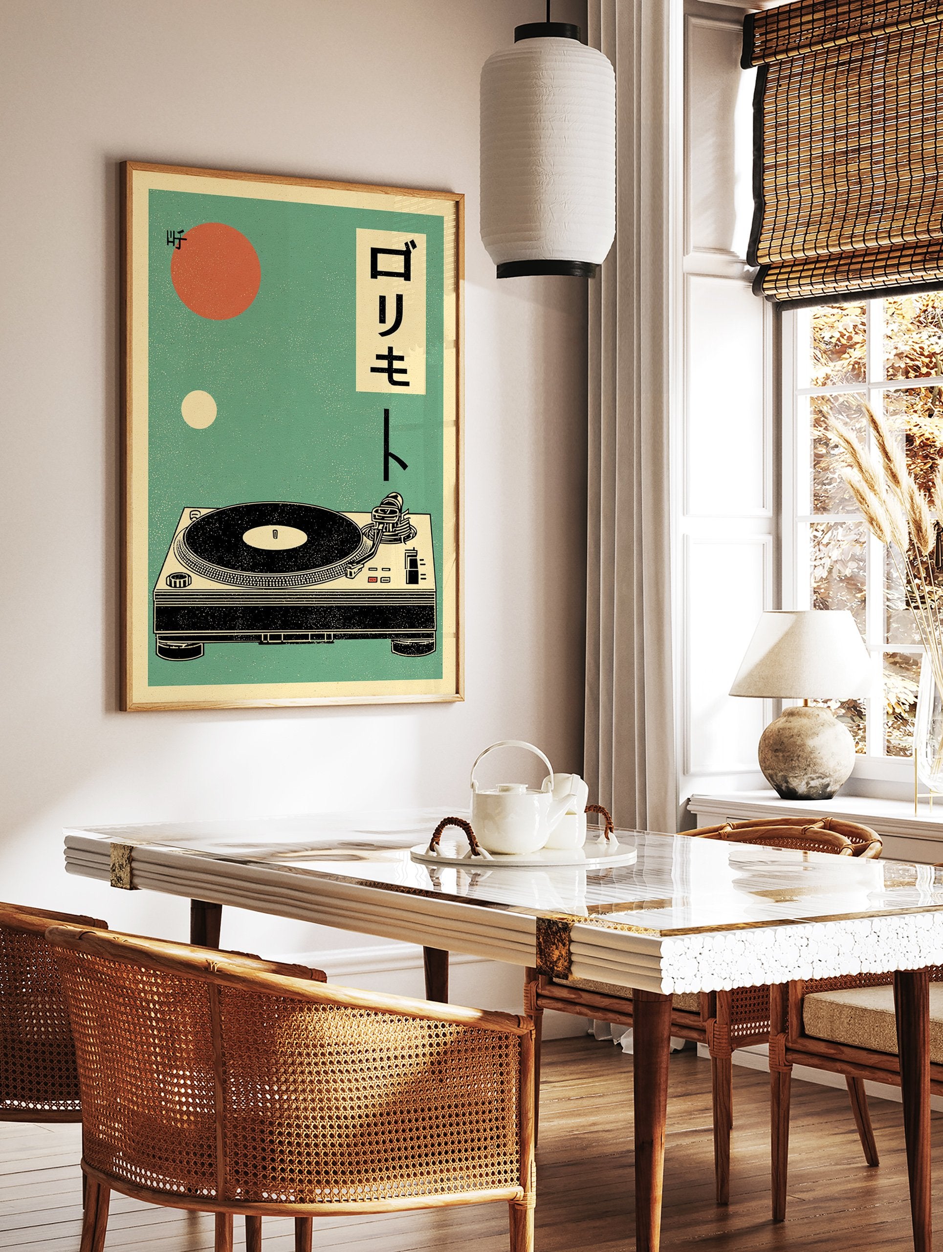 Retro turntable poster with Japanese text, orange and white circles on a teal background, illustrating a vintage record player. - Image 2