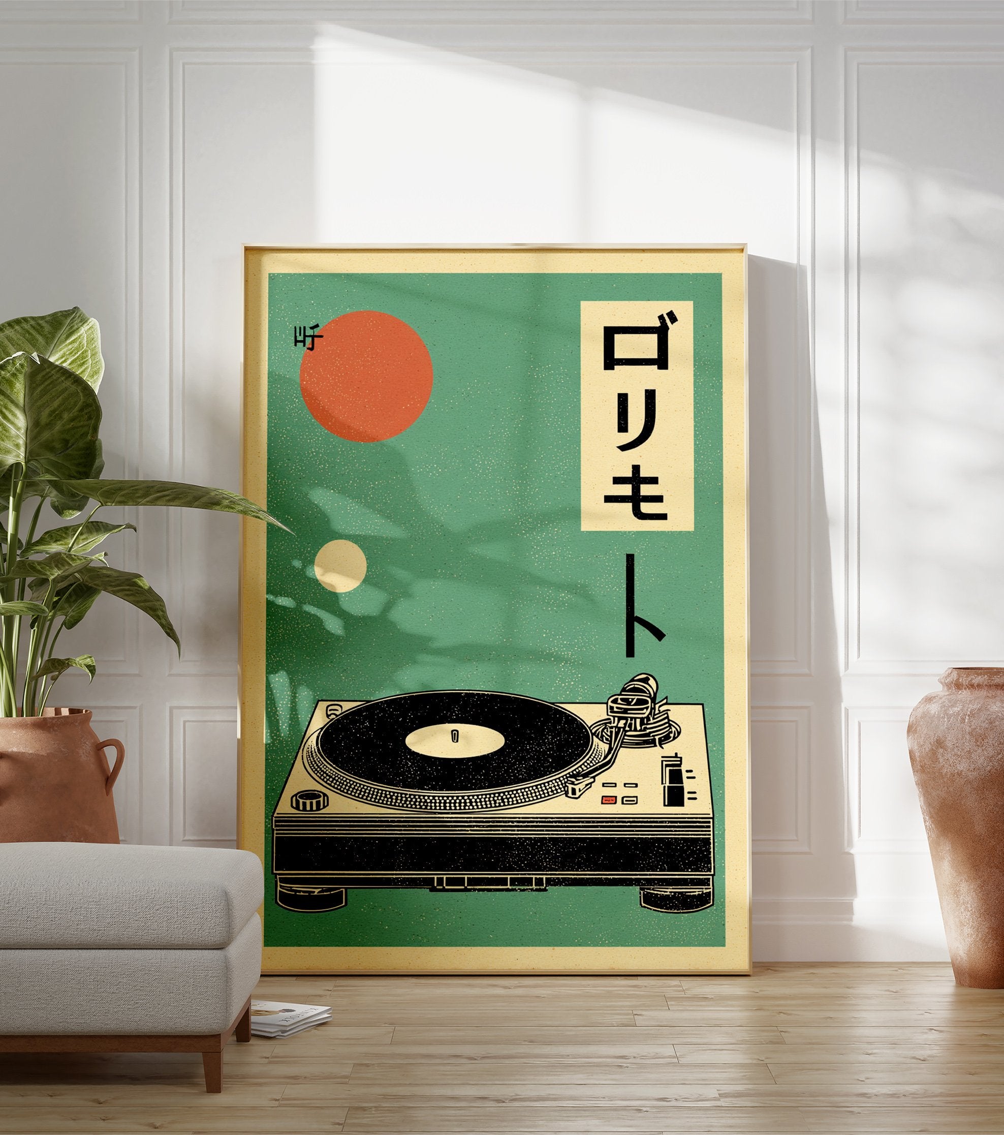 Retro turntable poster with Japanese text, orange and white circles on a teal background, illustrating a vintage record player. - Image 3