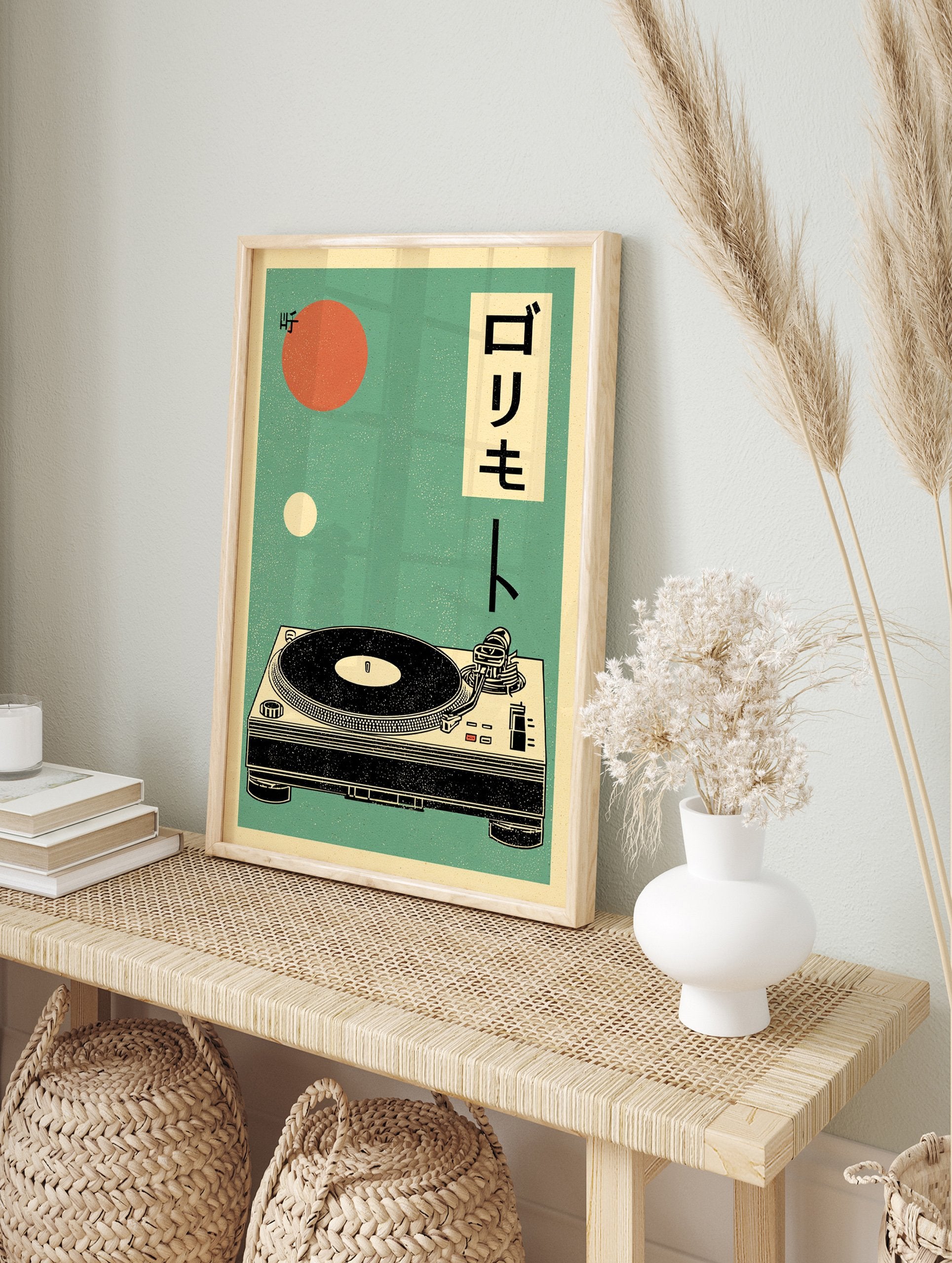 Retro turntable poster with Japanese text, orange and white circles on a teal background, illustrating a vintage record player. - Image 4