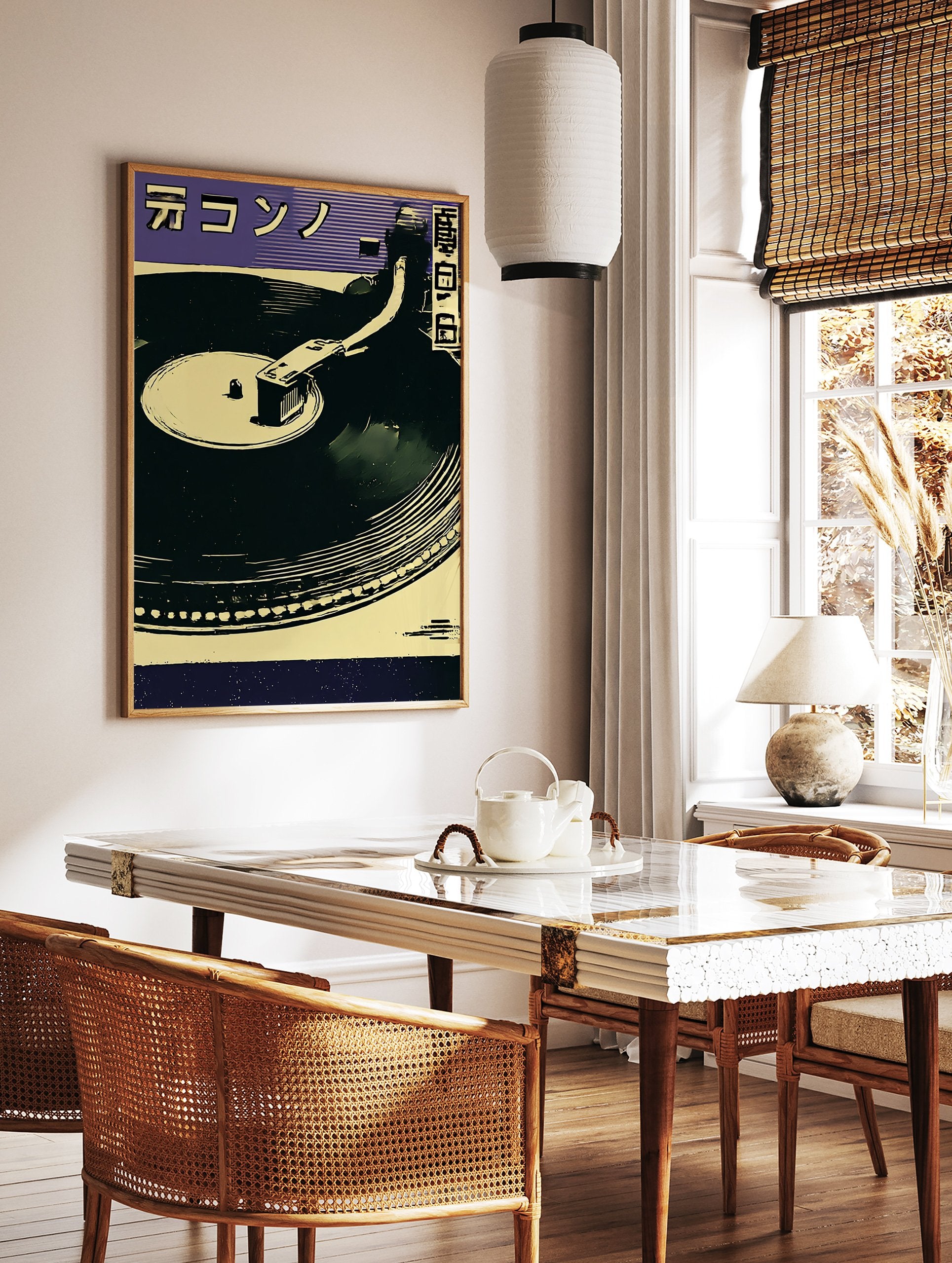 Turntable poster with a vinyl record player in purple, yellow, and dark blue, featuring Japanese script illustration. - Image 2