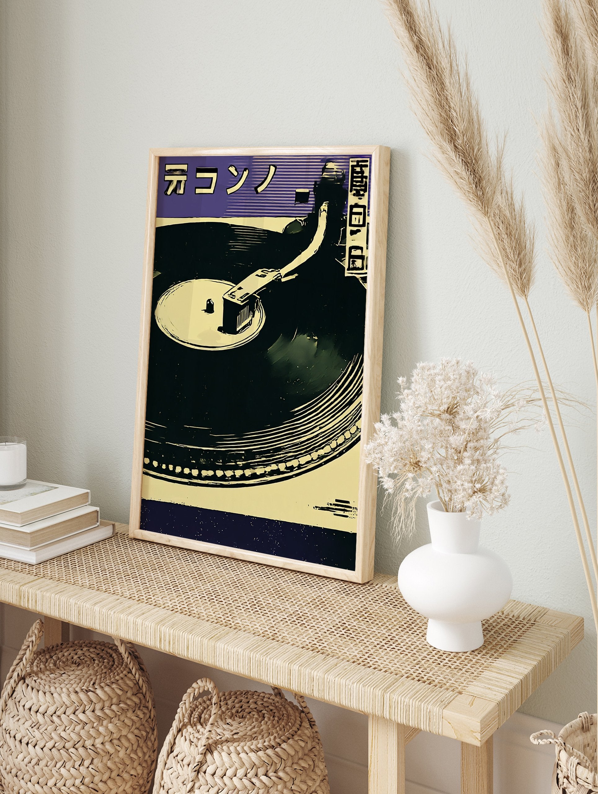 Turntable poster with a vinyl record player in purple, yellow, and dark blue, featuring Japanese script illustration. - Image 4