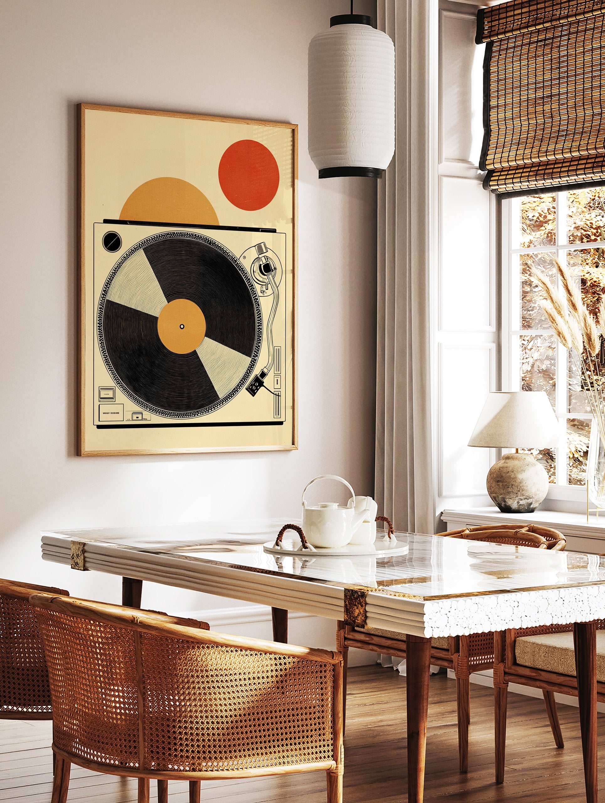 Minimalist turntable poster with a black record, orange center, and red and orange circles in a cream background. - Image 2
