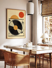 Minimalist turntable poster with a black record, orange center, and red and orange circles in a cream background. - Image 2