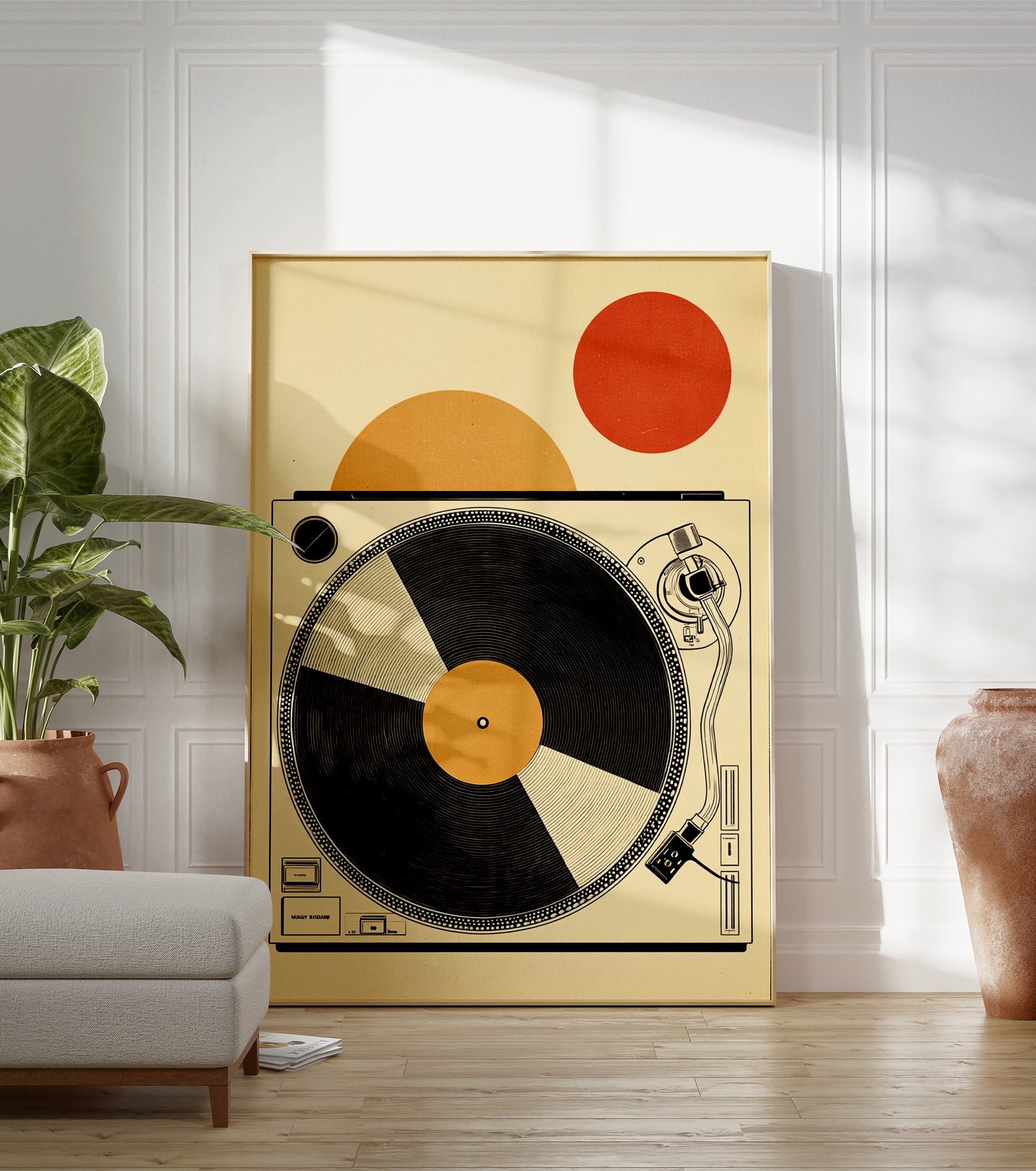 Minimalist turntable poster with a black record, orange center, and red and orange circles in a cream background. - Image 3