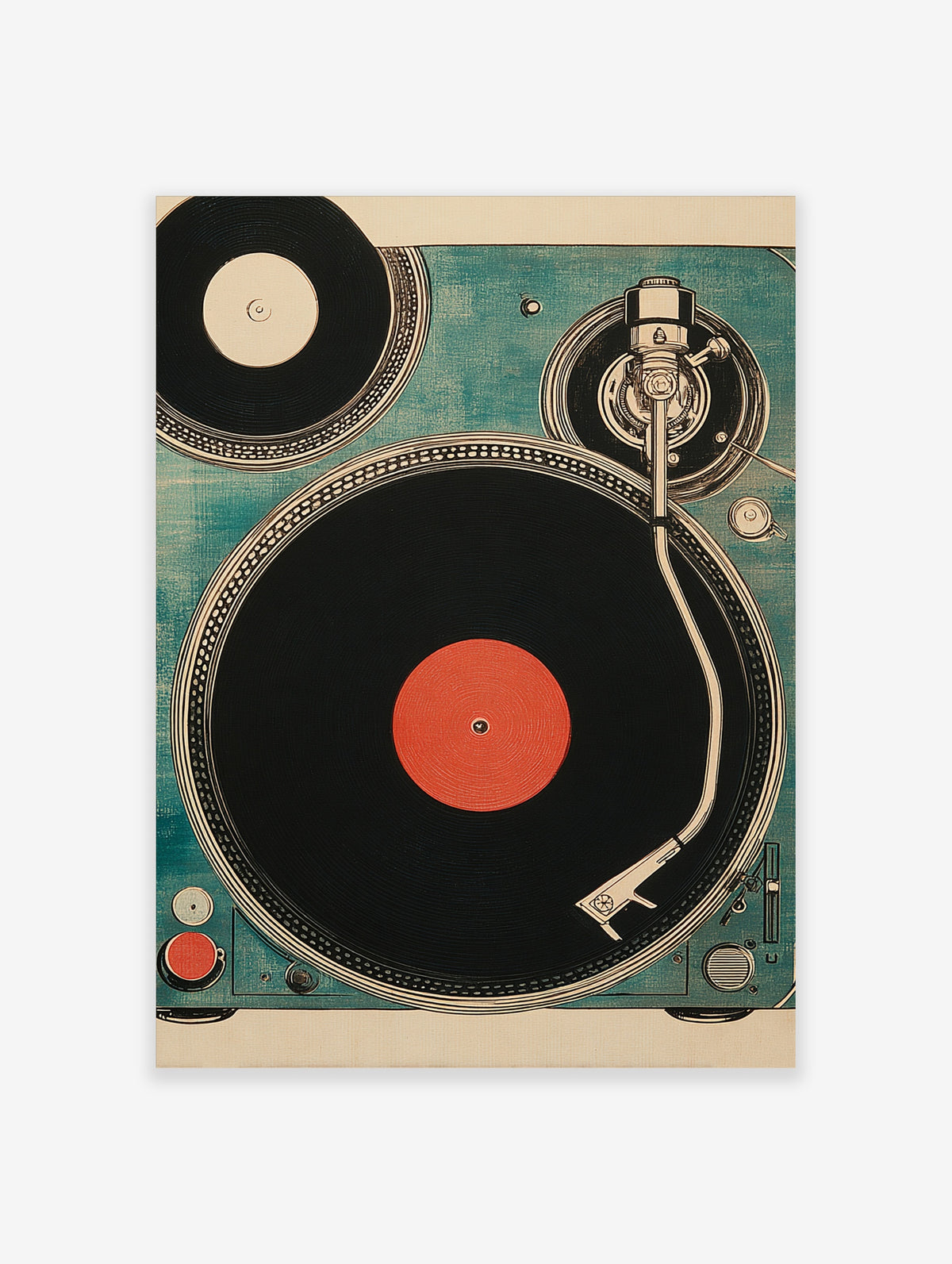 Retro turntable poster with black vinyl record, red centre label, and teal background