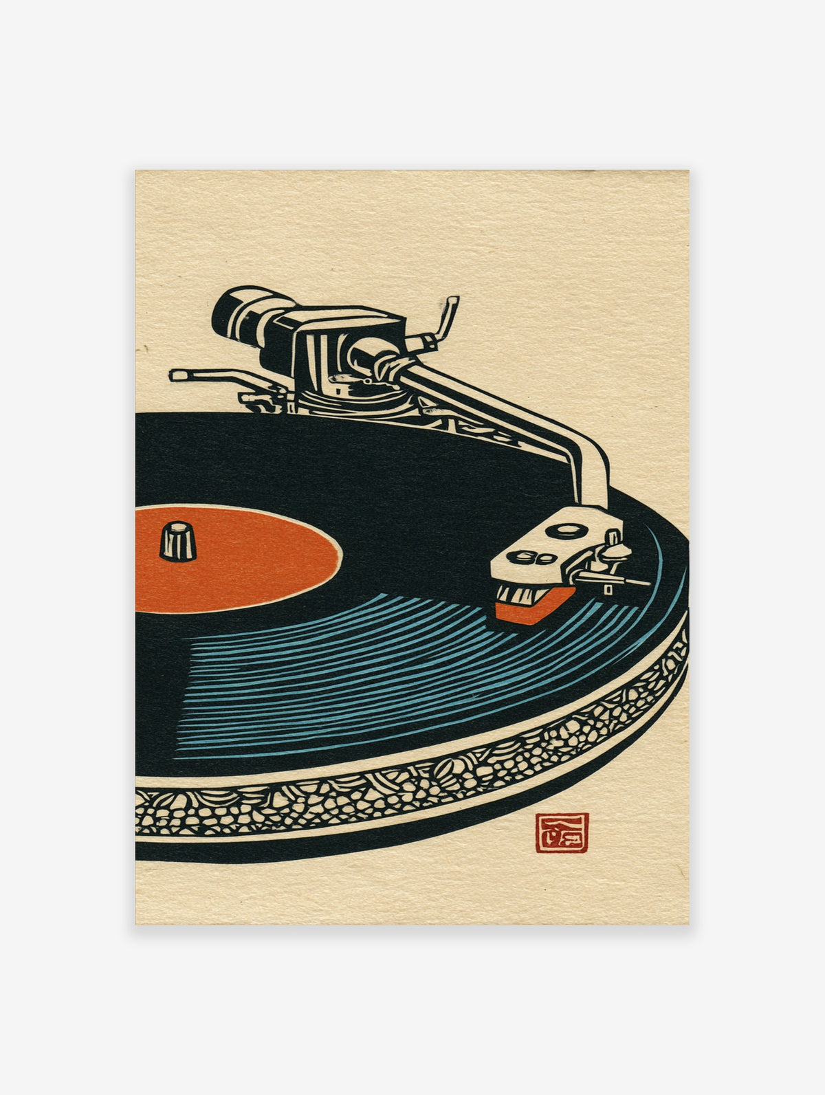 Retro turntable record player poster with orange label and blue grooves in woodcut style