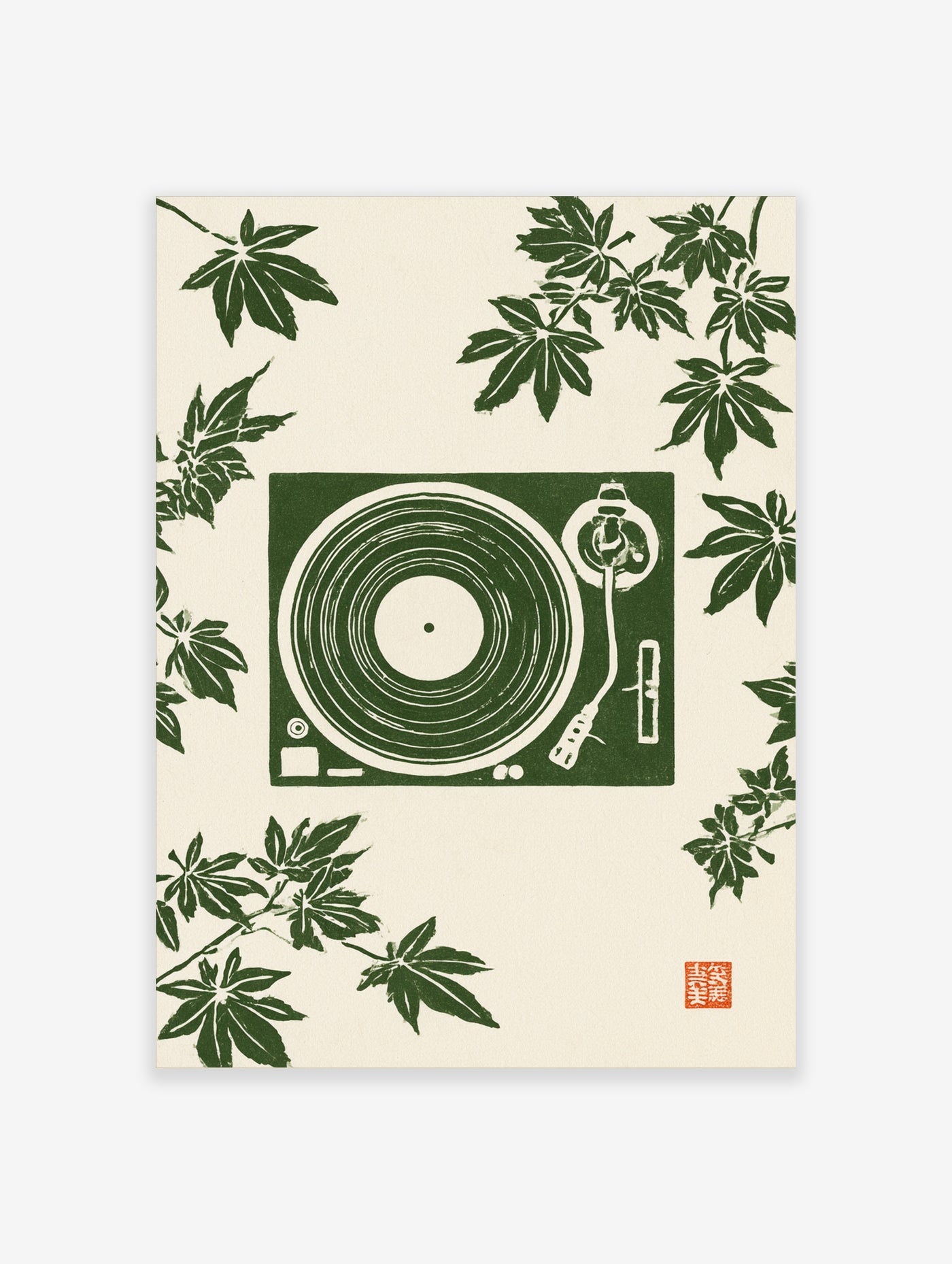 Turntable music player illustration with green maple leaves in Japanese woodblock style on a light background