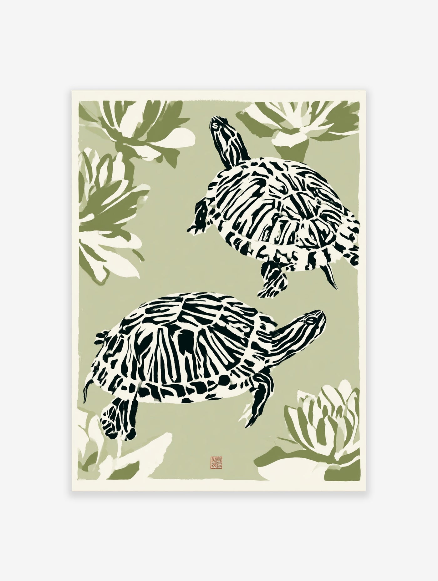 Illustrative turtle and lotus flower wall art print with black and white turtles on a muted sage green background