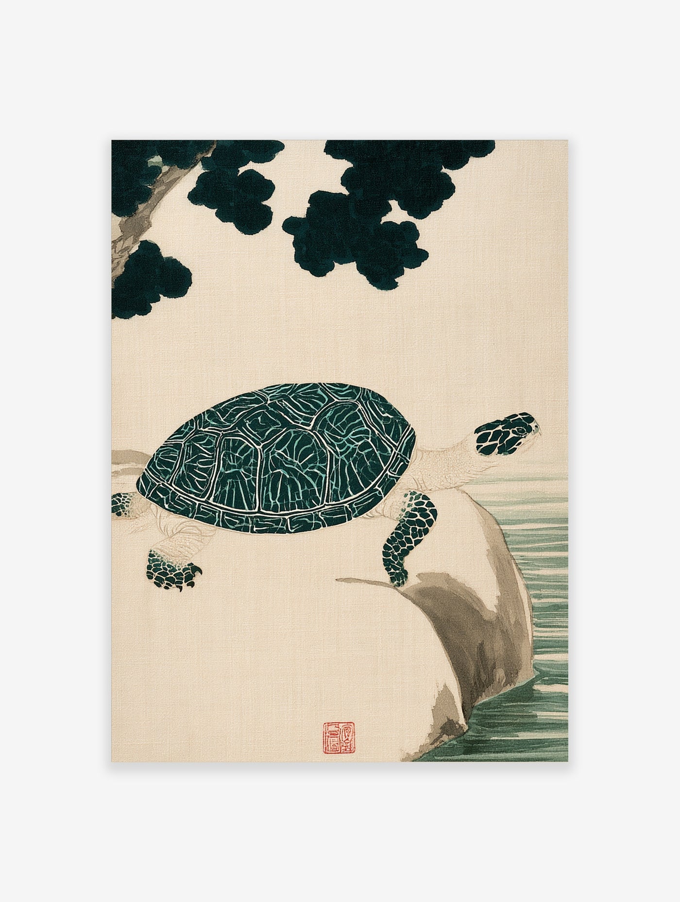 Japanese style art print of a turtle resting on a rock under a pine tree on a neutral background