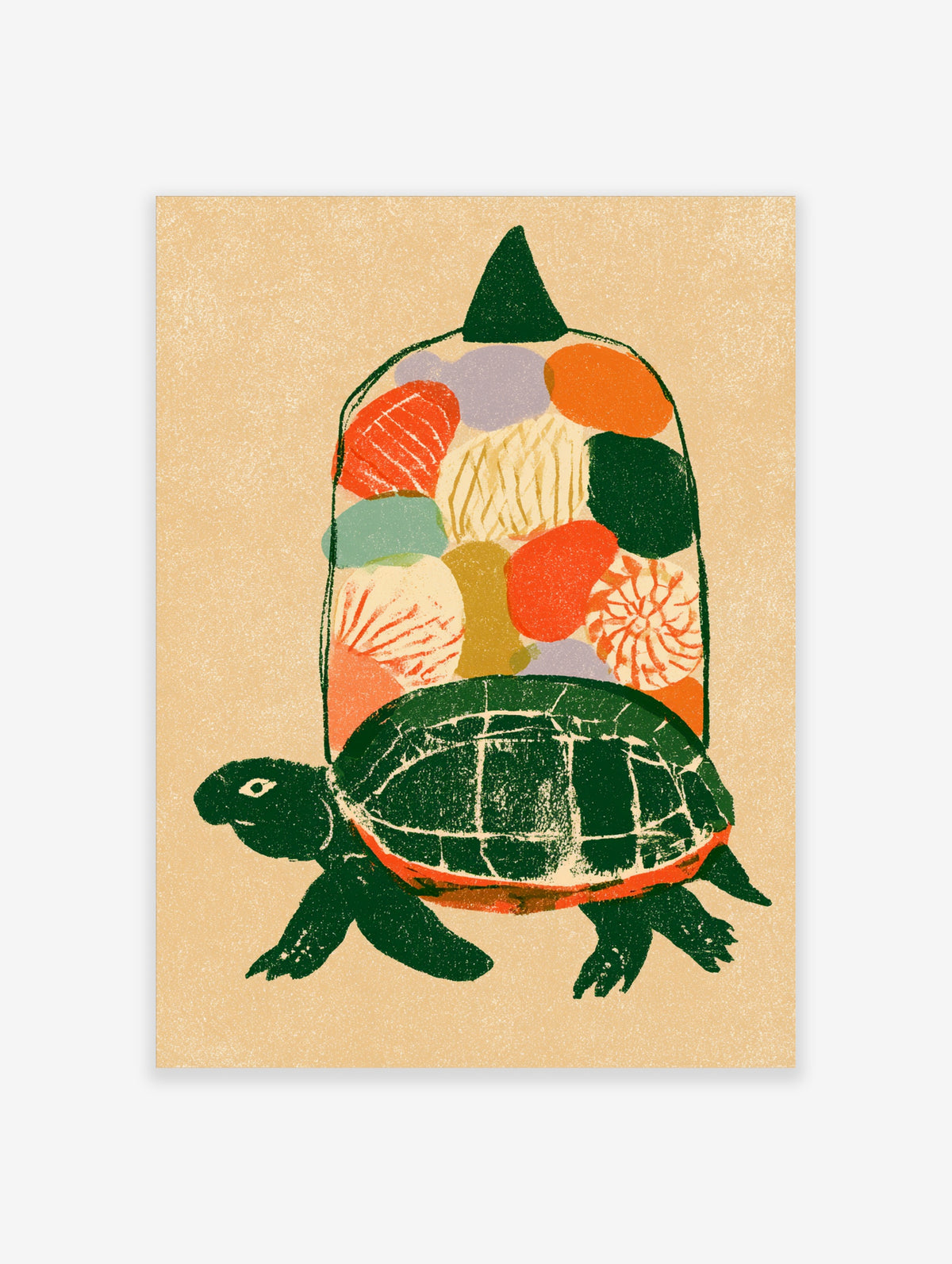 Colourful turtle poster with dark green turtle carrying patterned shell on beige background