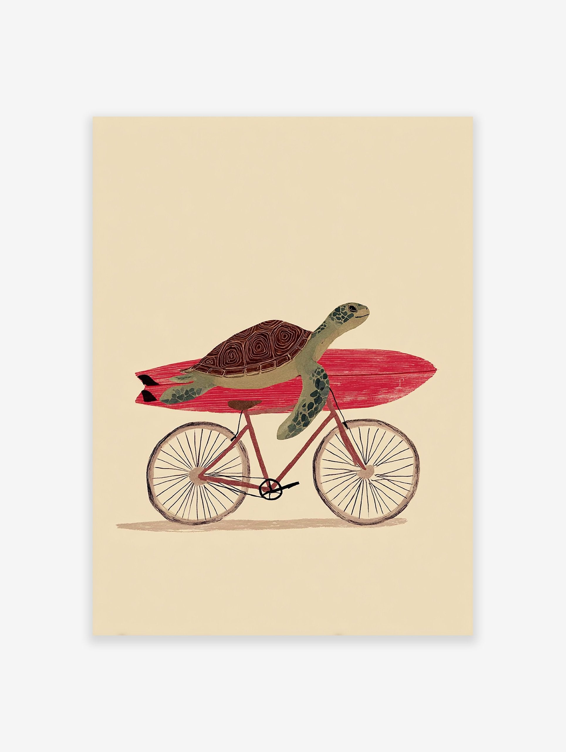 Illustrated green turtle with a brown shell carrying a red surfboard on a bicycle, against a cream background. Whimsical wall art.