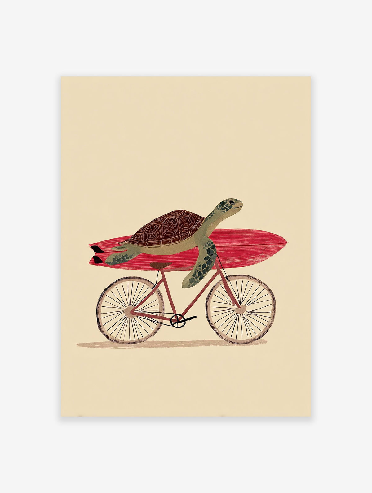 Illustrated green turtle with a brown shell carrying a red surfboard on a bicycle, against a cream background. Whimsical wall art.