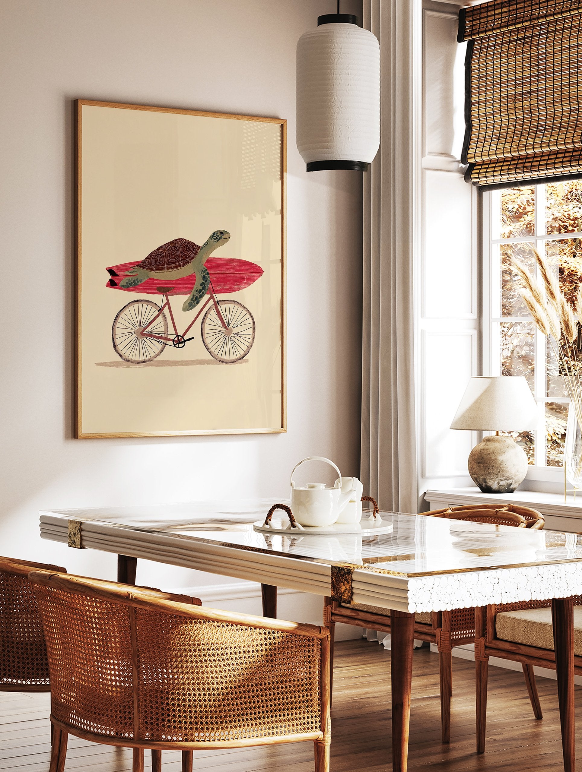 Illustrated green turtle with a brown shell carrying a red surfboard on a bicycle, against a cream background. Whimsical wall art. - Image 3