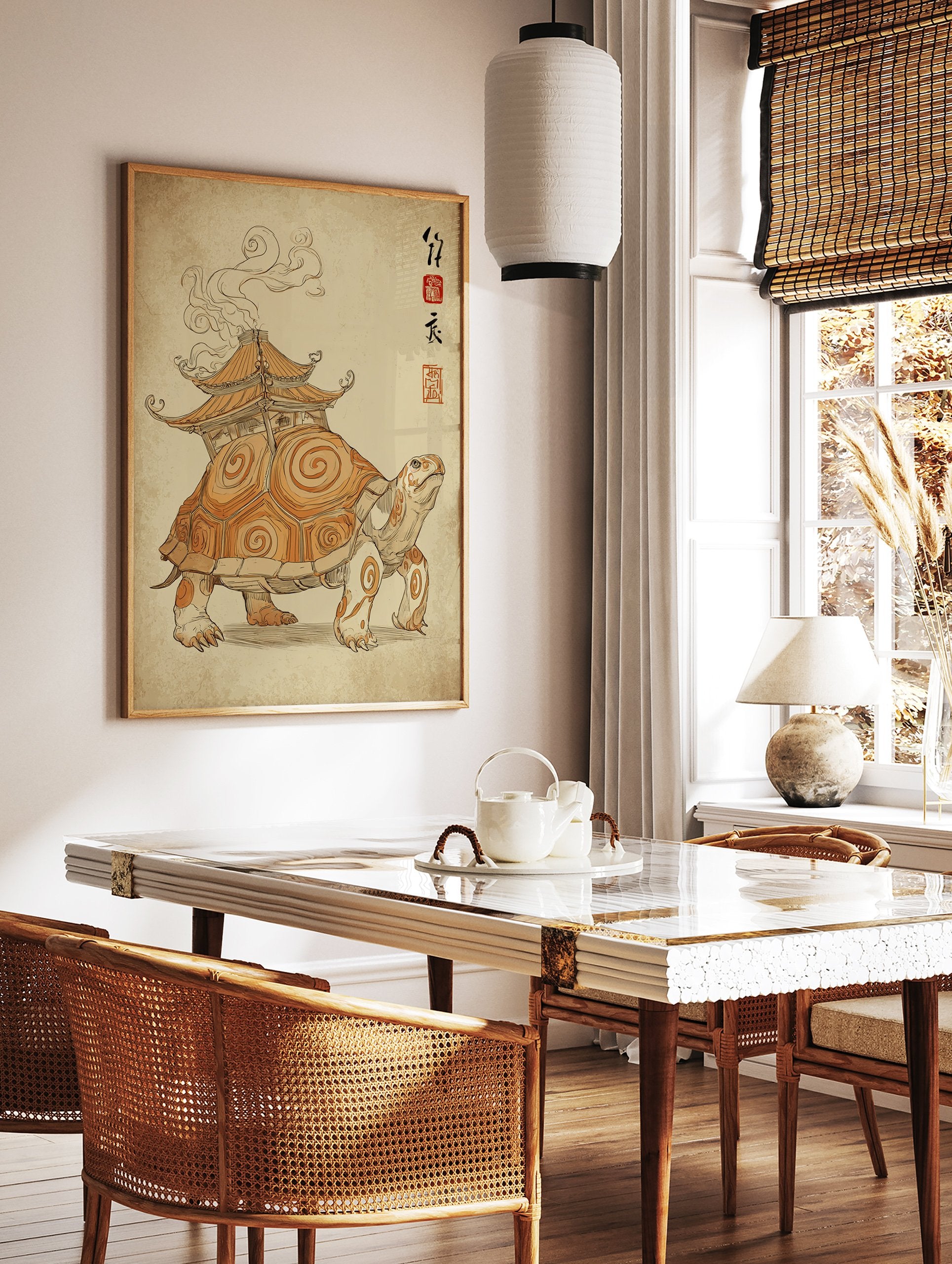 Illustrated turtle wall art carrying an Asian pagoda house on its back, with cultural script and red seals on aged paper. - Image 3