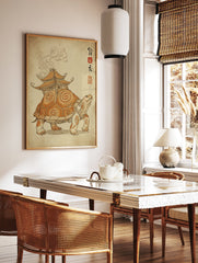 Illustrated turtle wall art carrying an Asian pagoda house on its back, with cultural script and red seals on aged paper. - Image 3