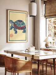 Traditional illustrative turtle art print with blue, red, and green patterns on a cream background, featuring a red seal. - Image 2